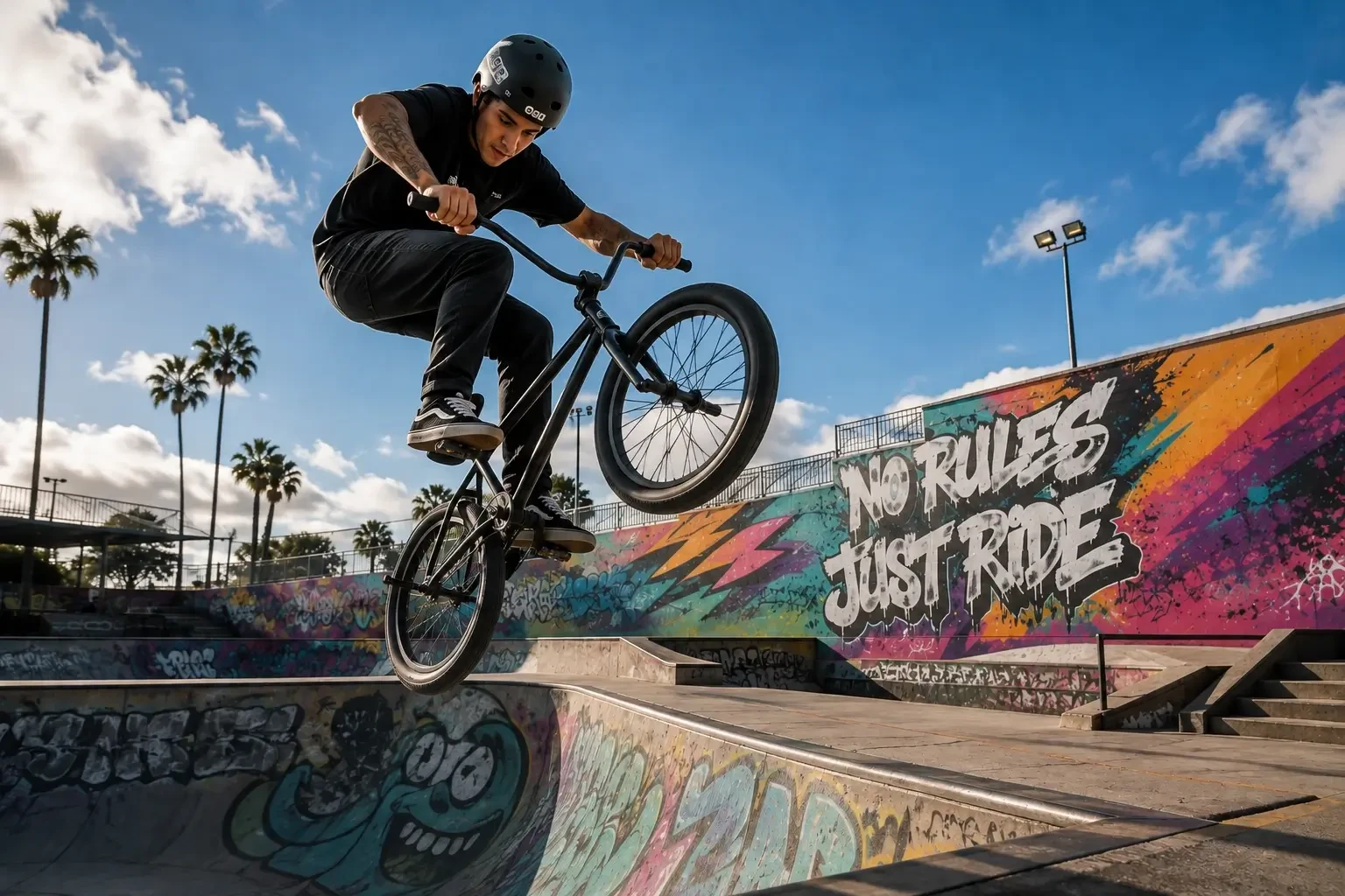 BMX rider performing an aerial trick above a concrete skate park surrounded by colorful mural artwork.